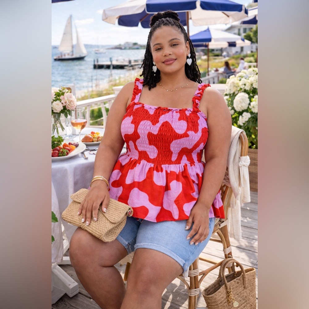 NWOT Ava & Viv Red Pink Abstract Smocked Peplum Tank Top 3X